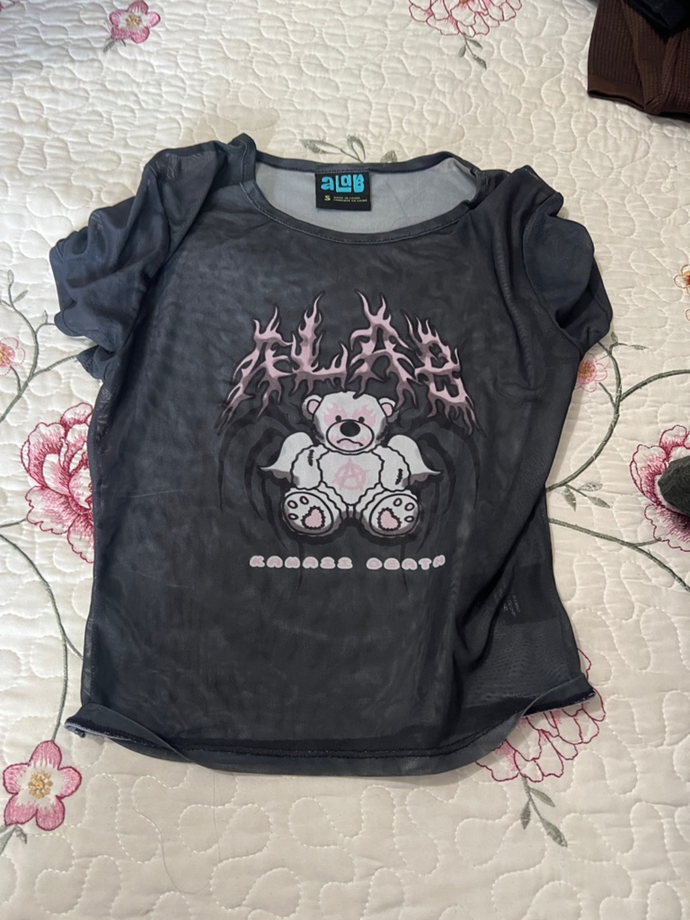 Black Mesh Crop Tee with Pink Teddy Graphic